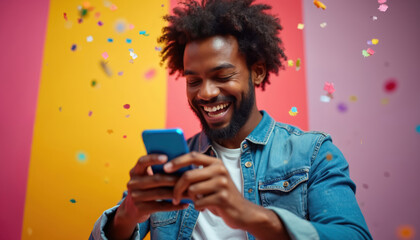 Happy Black man smiles broadly, looks at his blue smartphone with great joy. Colorful confetti falls around him. He celebrates good news, success, or lottery win received on his mobile tech device.