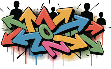 Graffiti arrows pointing in different directions with silhouettes