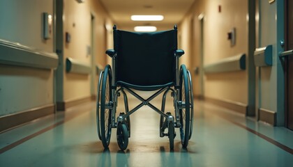 Fototapeta premium Hall in hospital with empty wheelchair. It is a metaphor for loneliness in the face of disease. Focus on a wheelchair standing on the corridor near wall. Solitude in clinic