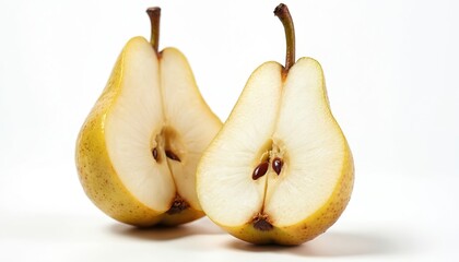 Sliced pear with smooth texture and visible seeds on white isolated background. Two halves of ripe pear stand upright together. Fresh fruit with seeds inside. Yellow pear cut in half on white surface.