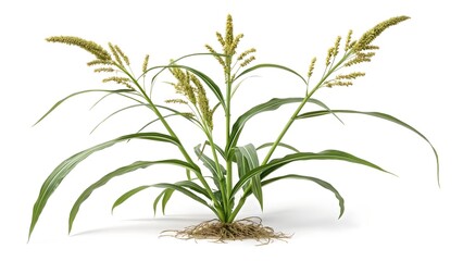 Kodo Millet Plant &ndash; Paspalum scrobiculatum Single Plant with Branching Seed Heads on White Background