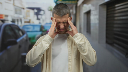 Man holding head in stress while standing on busy outdoor street with blurred cars and buildings in...