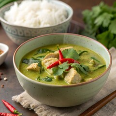 Authentic Thai Green Curry with Coconut Milk, Chicken, Basil, and Vegetables, Spicy Asian Cuisine Close-Up
