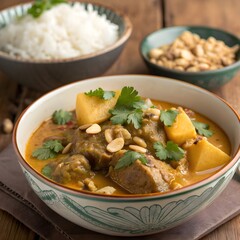 Thai Massaman Curry with Tender Beef, Coconut Milk, Potatoes, and Aromatic Spices, Traditional Rich Thai Cuisine Close-Up
