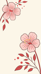 Stylized floral design with two large pink flowers featuring red veins and yellow stamens, surrounded by red leaves and buds on a light cream background creating an elegant and symmetrical decorative 