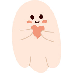 A Cute Cartoon Ghost Character Holding a Pink Heart Illustration with Blush Cheeks and a Smiling Face on a Transparent Background