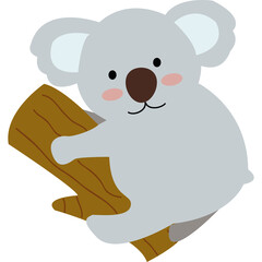 A cute grey koala bear is climbing on a brown tree branch against a transparent white background, depicting a sweet cartoon character with pink cheeks and dark eyes.