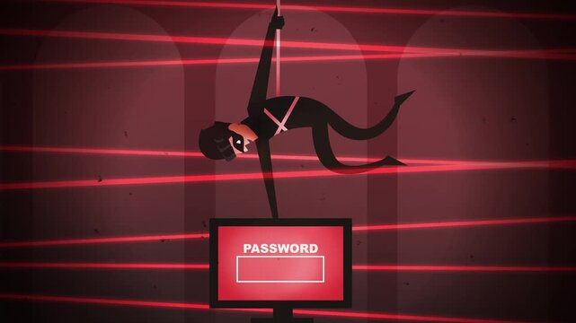 hacker thief descending on rope through security lasers to steal laptop data