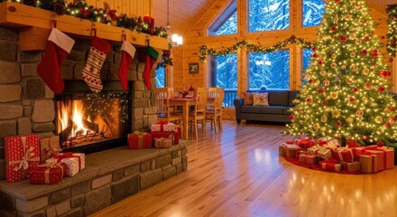 Fototapeta premium Cozy Christmas Cabin: A warm and inviting cabin interior decorated for Christmas, featuring a fireplace with stockings, a Christmas tree, and presents, evoking feelings of holiday cheer and home.