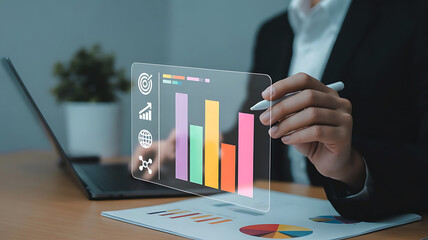 Business professional analyzing data and financial charts using technology screen