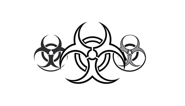 Three stylized, symmetrical symbols, often representing hazardous biological materials, are clustered against a plain white background