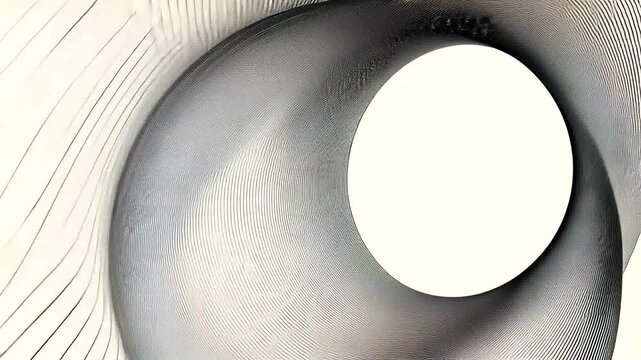 Black lines curve around a white circle; parallel lines form shapes on textured white
