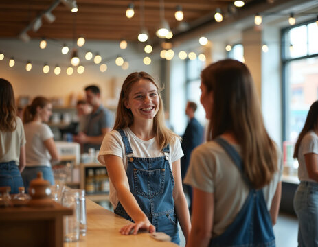 Young woman barista smiles behind cafe counter. Customers order drinks and food in busy shop. Workers serve beverages and meals, creating inviting atmosphere and good customer service.