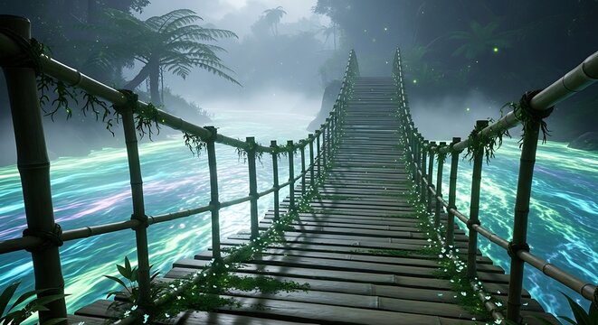 Fototapeta Mysterious Rope Bridge Over Glowing Bioluminescent Water in a Dark Jungle.