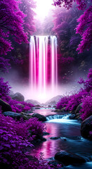 Surreal Waterfall Landscape with Pink and Purple Foliage, Misty Stream, and Ethereal Lighting Creating a Dreamlike and Magical Atmosphere
