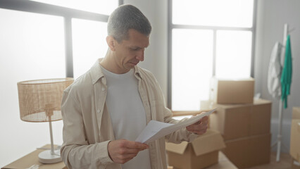 Man reading paperwork in a bright living room with boxes and a lamp, suggesting a recent move and...