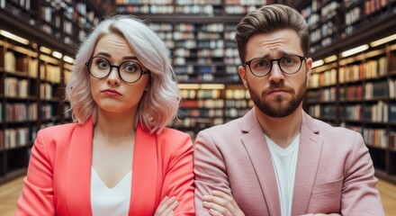 Library Query: A portrait of two people with inquisitive expressions stands before a backdrop of towering bookshelves, creating a scene of intellectual curiosity. 