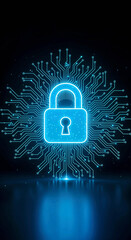 Glowing Blue Padlock Surrounded by Circuit Lines on Dark Background Symbolizing Cybersecurity, Digital Protection, and Data Privacy
