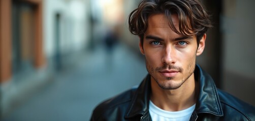 Handsome man poses in leather jacket, looks at camera. Stylish guy stays on street. Portrait of male with blue eyes with trendy haircut and stubble beard. Urban fashion style.