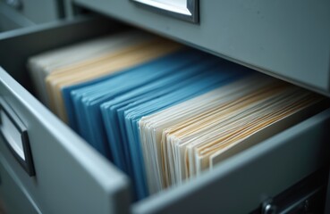 Opened metal filing cabinet drawer holds stacks of organized blue and tan manila folders. Paperwork is neat and accessible for quick retrieval. Office furniture for document storage.