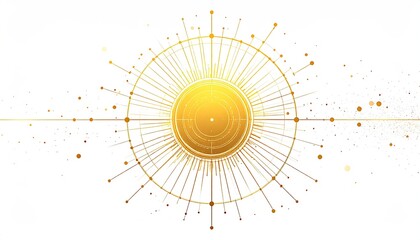 Golden circle with rays emanates on white background. Tech, finance, presentation
