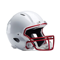 Fototapeta premium White football helmet with a red facemask, angled left, showcasing glossy finish and protective features