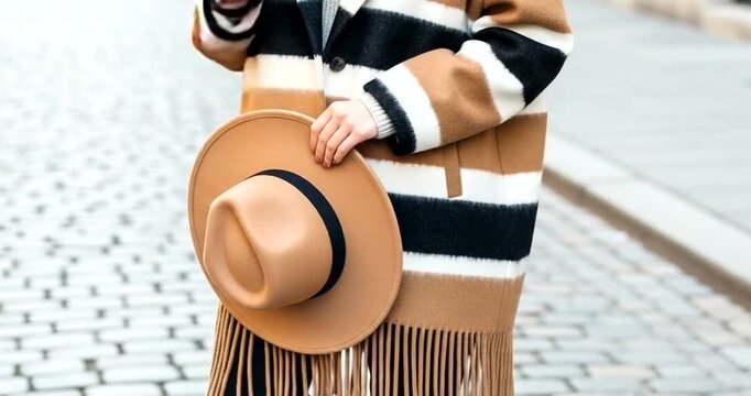 Woman in a striped coat holding a hat with fringe detail
