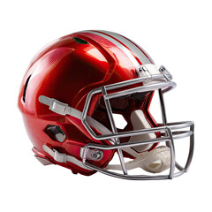 Fototapeta premium Glossy red football helmet with silver facemask and white stripes, angled view