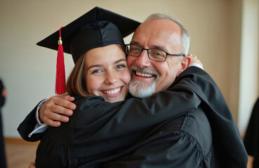 Fototapeta premium Happy graduate girl in academic gown and cap hugs her proud father at ceremony. Smiling female student celebrates graduation with family. Daughter receives support from her parent.