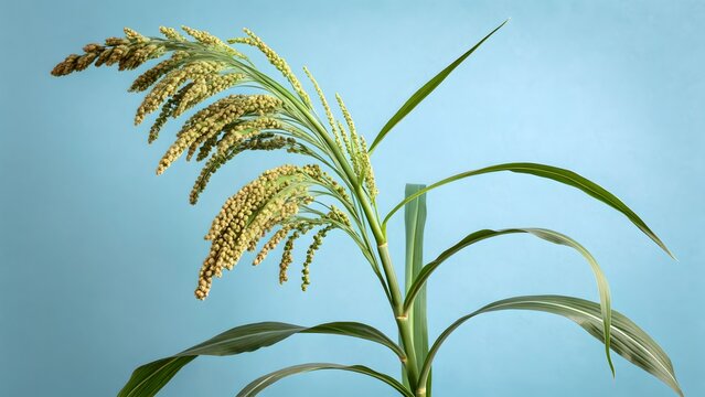 Proso Millet Plant &ndash; Panicum miliaceum Single Plant with Drooping Panicle on Blue Background