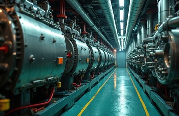 Obraz premium Engine room of large cargo ship with rows of massive diesel engines and intricate pipe systems. This industrial space generates power for vessel operations at sea.