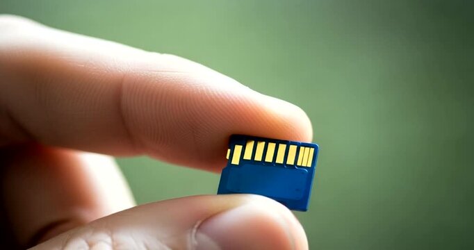 Closeup of a finger holding a small blue sd memory card