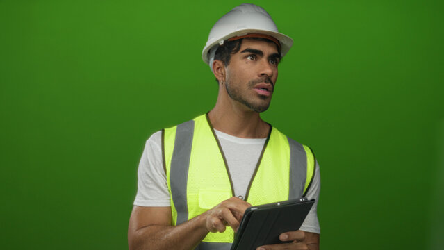 Young hispanic engineer man in hardhat and safety vest taps tablet screen with finger in studio; design planning focus.