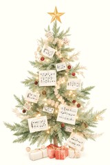 Decorative Christmas tree with musical scores and wrapped gifts for a festive holiday celebration

