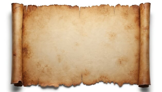Aged vintage parchment scroll with worn, torn edges. Faded brown stains, distressed texture create authentic antique look. Blank paper sheet provides rustic historical background for ancient