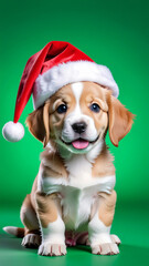 cute little dog with santa claus hat on green screen chroma key background