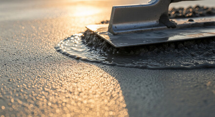 Close-up, detailed shot of wet concrete being smoothed by a trowel. The texture of the concrete is the main focus, with warm light catching the surface. Material science, process, precision, conveying