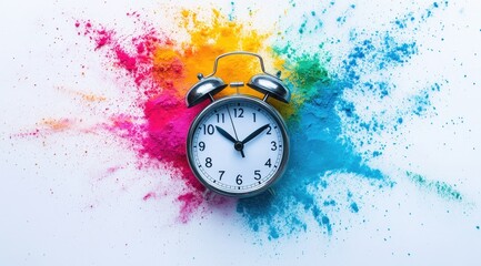 Colorful powder explosion surrounds a silver alarm clock