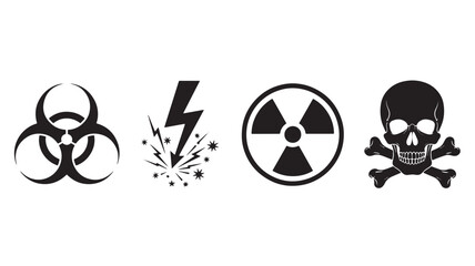 Dangerous symbols collection biohazard electricity radiation and skull silhouette on transparent background