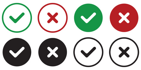 Tick, cross icon set. Yes or no symbol, approved or rejected icon for user interface. Green tick and red cross checkmarks. Right or wrong icons. Checkmark and x mark icon for apps and websites.