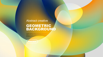 Abstract geometric background features overlapping colorful shapes. Yellow, blue, green gradients create dynamic visual effect. Text present.