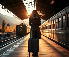Woman with Suitcase on Vintage Train Platform at Sunset golden hour