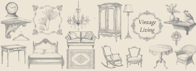 Elegant Vintage Interior Illustrations in Engraved Etching Style, perfect for home decor, branding, antique packaging, and seasonal design projects.