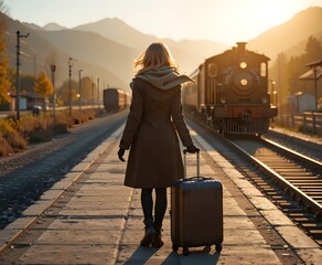 Woman with Suitcase on Vintage Train Platform at Sunset golden hour