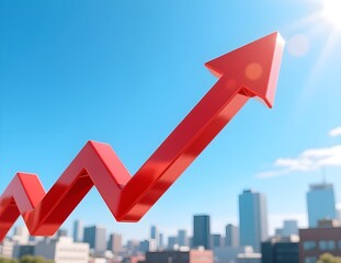 Red Upward Arrow Symbolizing Growth and Success Over City Skyline : business,  progress, achievement, finance, chart, graph
