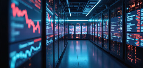 Modern data center server room displays rows of high-tech computing equipment. Screens show financial market graphs, stock trends, digital info, complex code data. Blue light illuminates advanced