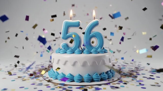 White and blue birthday cake with candle number 56. Solid white background with falling confetti. Video for 56th birthday or anniversary party