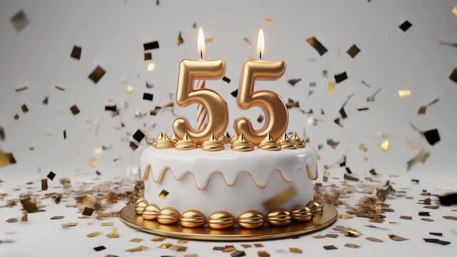 White and gold birthday cake with candle number 55. Solid white background with falling confetti. Video for 55th birthday or anniversary party