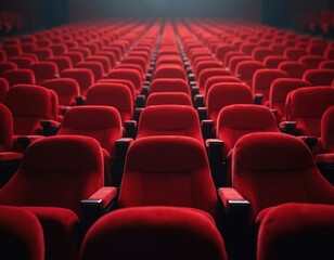 Fototapeta premium Rows of red plush theater seats in cinema performance venue. Empty chairs with cup holders illuminated by soft warm ambient lighting. Comfortable armchairs in auditorium. No people inside theater