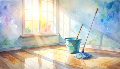 Mop and bucket with houseplant in a sunlit window creating a refreshing atmosphere for home cleaning